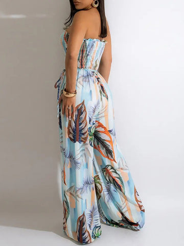 Airchics combinaisons jambe large mousseline imprimé plume feuille décontracté femme plage